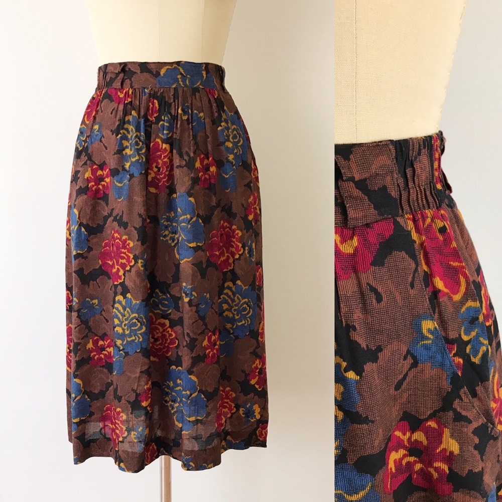 Vintage Muted Floral Rayon Midi Skirt 80s Pocket 6